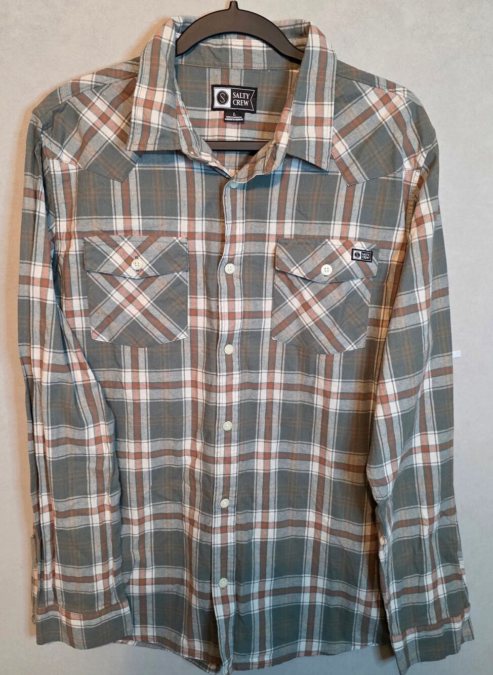 NWOT Salty Crew Herdsman 100% Cotton Flannel Shirt green/orange/cream plaid Lrg